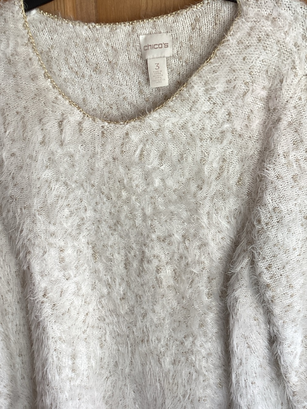Chico's Cream Shaggy Knit Scoop Neck Sweater with Gold Trim